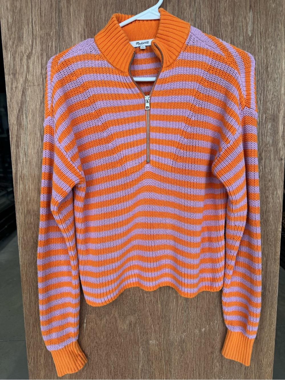 Madewell Women’s Size Small Orange Purple Stripe 100% Cotton Half Zip Sweater